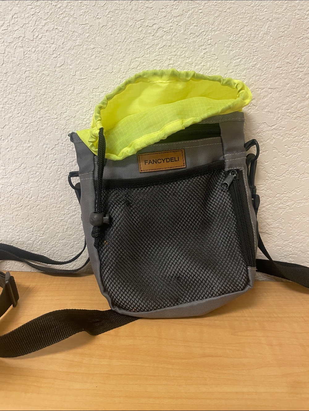 Gray Crossbody Bag with Neon Yellow Lining for Dog Training Pet Walking